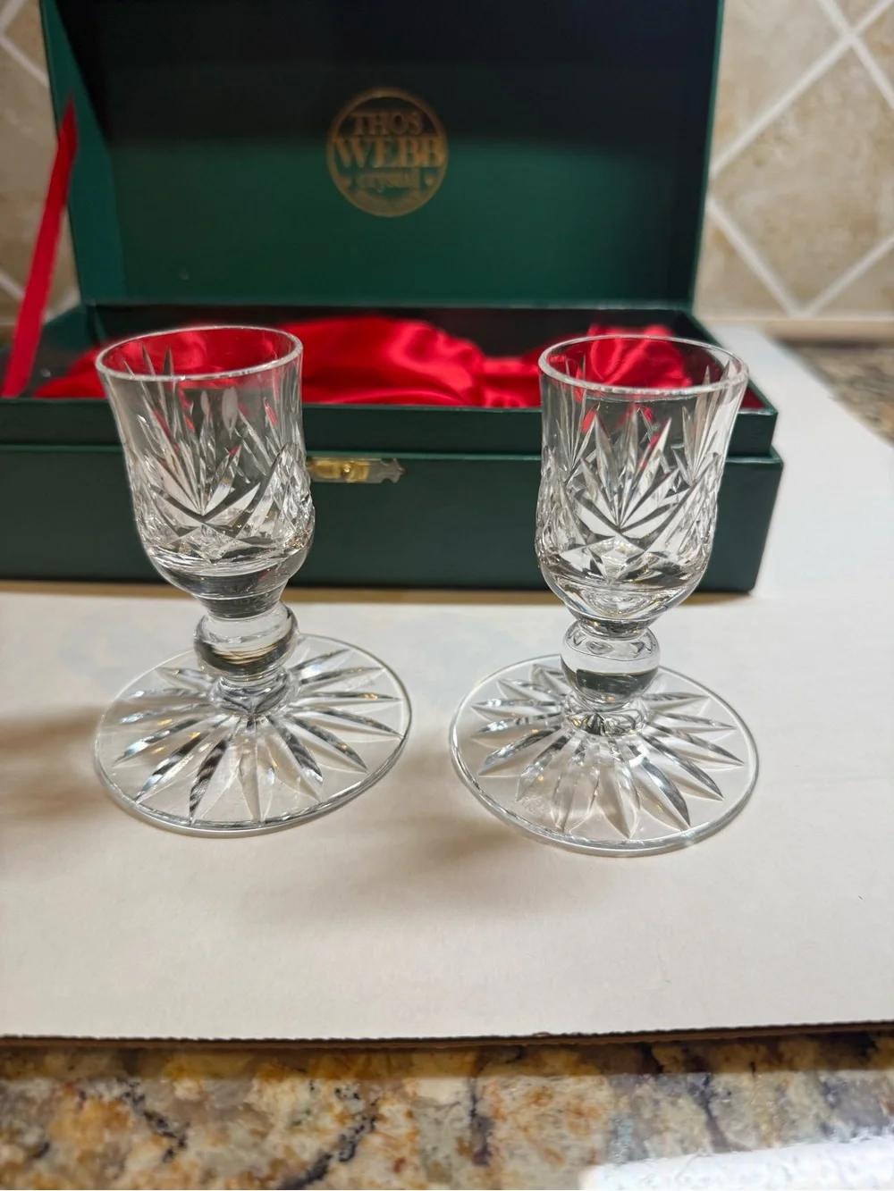 Thos Webb Crystal Cut Cordial Liqueur Glasses, pair with original box, England.